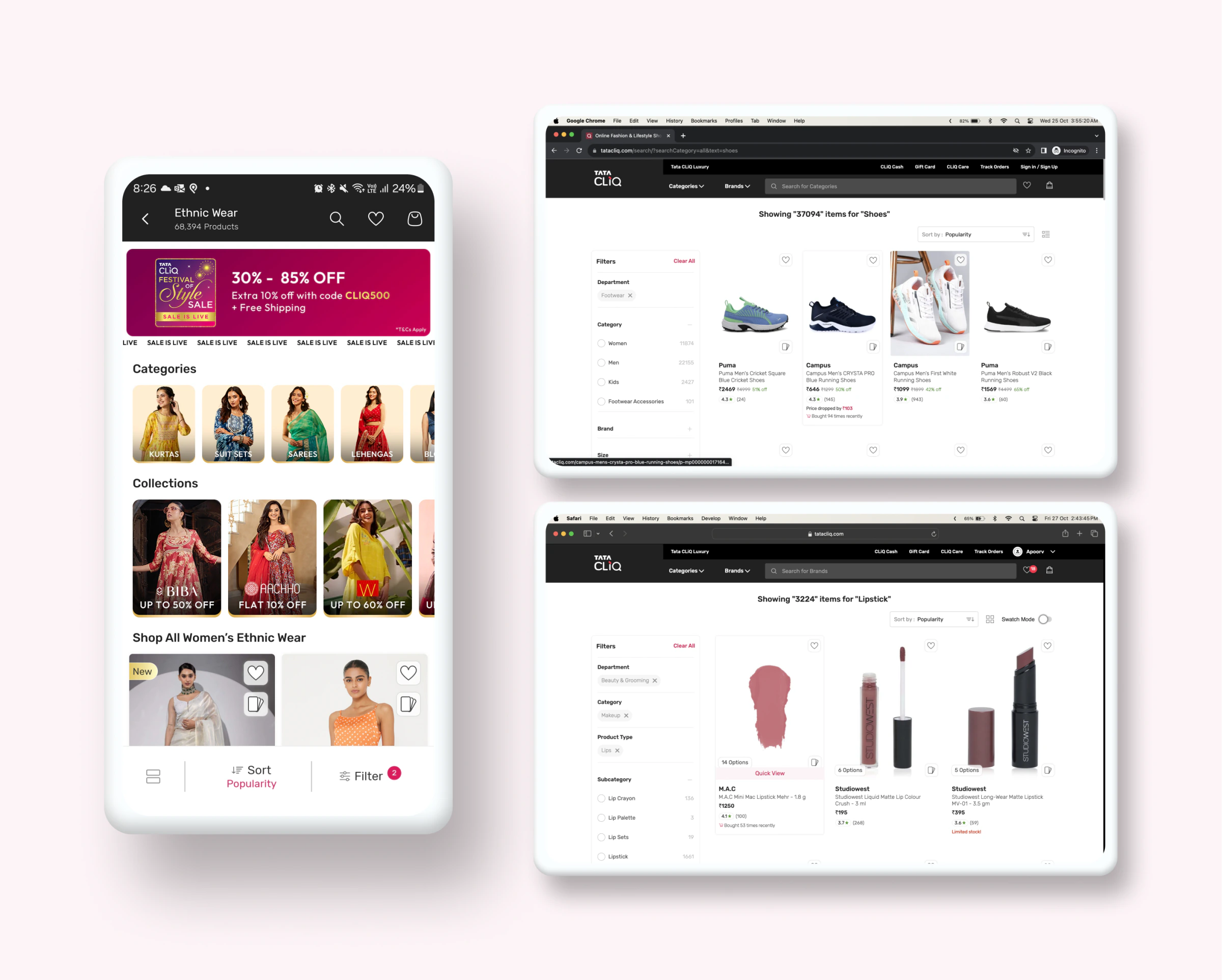 Revamped Tata CLiQ PLP on mobile and desktop
